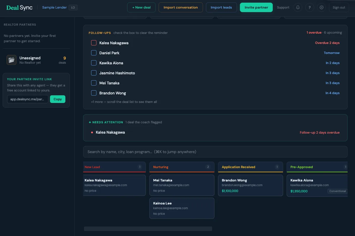 The DealSync pipeline — follow-ups, needs-attention, and every stage at a glance